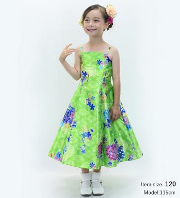 Kids Japan Fabric Long Dress with Chrysanthemum & Plum Blossom & Cherry Blossom Print / Shantung / Light Green / JWp003lgr