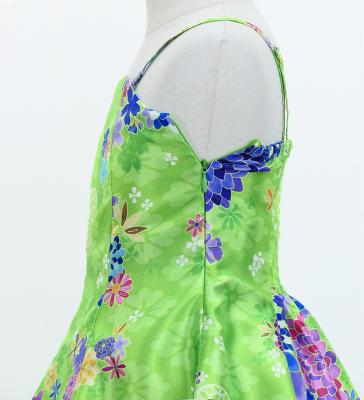 Kids Japan Fabric Long Dress with Chrysanthemum & Plum Blossom & Cherry Blossom Print / Shantung / Light Green / JWp003lgr