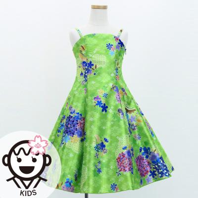 Kids Japan Fabric Long Dress with Chrysanthemum & Plum Blossom & Cherry Blossom Print / Shantung / Light Green / JWp003lgr