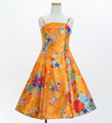 Kids Japan Fabric Long Dress with Chrysanthemum & Plum Blossom & Cherry Blossom Print / Shantung / Orange / JWp003or