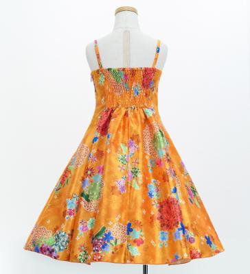 Kids Japan Fabric Long Dress with Chrysanthemum & Plum Blossom & Cherry Blossom Print / Shantung / Orange / JWp003or