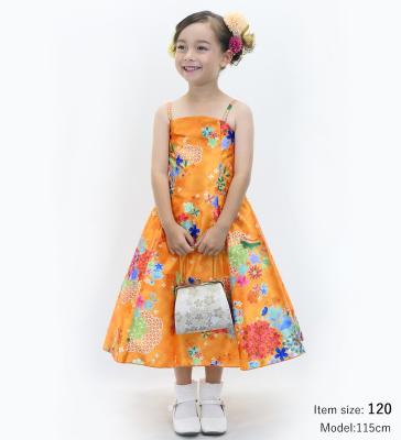 Kids Japan Fabric Long Dress with Chrysanthemum & Plum Blossom & Cherry Blossom Print / Shantung / Orange / JWp003or