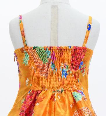 Kids Japan Fabric Long Dress with Chrysanthemum & Plum Blossom & Cherry Blossom Print / Shantung / Orange / JWp003or