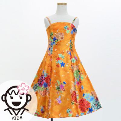 Kids Japan Fabric Long Dress with Chrysanthemum & Plum Blossom & Cherry Blossom Print / Shantung / Orange / JWp003or
