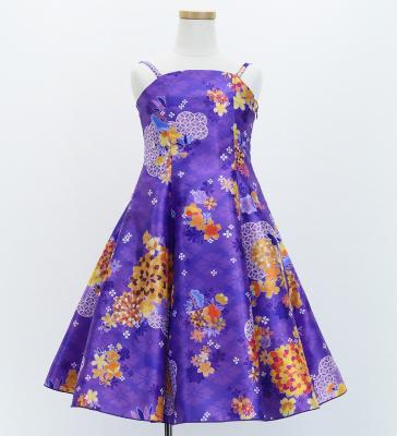 Kids Japan Fabric Long Dress with Chrysanthemum & Plum Blossom & Cherry Blossom Print / Shantung / Purple / JWp003pu
