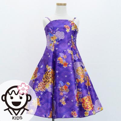 Kids Japan Fabric Long Dress with Chrysanthemum & Plum Blossom & Cherry Blossom Print / Shantung / Purple / JWp003pu