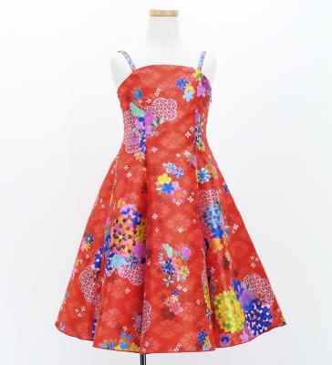 Kids Japan Fabric Long Dress with Chrysanthemum & Plum Blossom & Cherry Blossom Print / Shantung / Red / JWp003rd