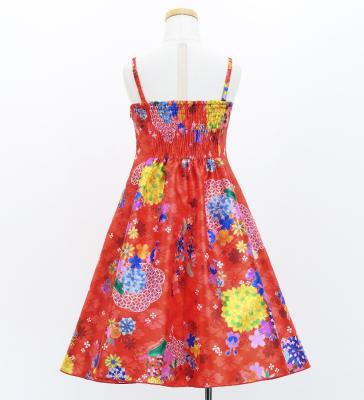 Kids Japan Fabric Long Dress with Chrysanthemum & Plum Blossom & Cherry Blossom Print / Shantung / Red / JWp003rd