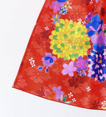 Kids Japan Fabric Long Dress with Chrysanthemum & Plum Blossom & Cherry Blossom Print / Shantung / Red / JWp003rd