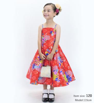 Kids Japan Fabric Long Dress with Chrysanthemum & Plum Blossom & Cherry Blossom Print / Shantung / Red / JWp003rd