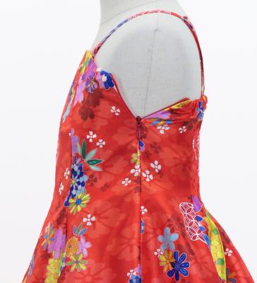 Kids Japan Fabric Long Dress with Chrysanthemum & Plum Blossom & Cherry Blossom Print / Shantung / Red / JWp003rd