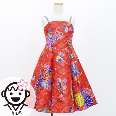 Kids Japan Fabric Long Dress with Chrysanthemum & Plum Blossom & Cherry Blossom Print / Shantung / Red / JWp003rd