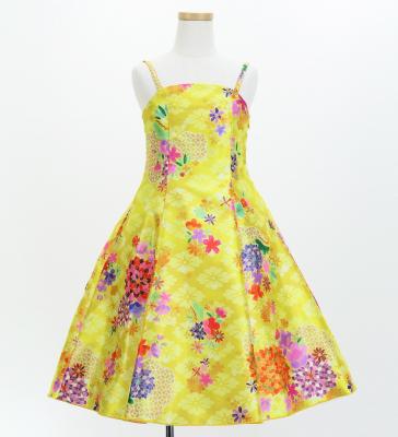 Kids Japan Fabric Long Dress with Chrysanthemum & Plum Blossom & Cherry Blossom Print / Shantung / Yellow / JWp003ye