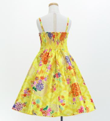 Kids Japan Fabric Long Dress with Chrysanthemum & Plum Blossom & Cherry Blossom Print / Shantung / Yellow / JWp003ye