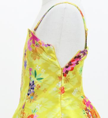 Kids Japan Fabric Long Dress with Chrysanthemum & Plum Blossom & Cherry Blossom Print / Shantung / Yellow / JWp003ye