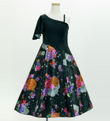 Kids Japan Fabric One Shoulder Frill Sleeve Long Dress / Black / JWp004bk