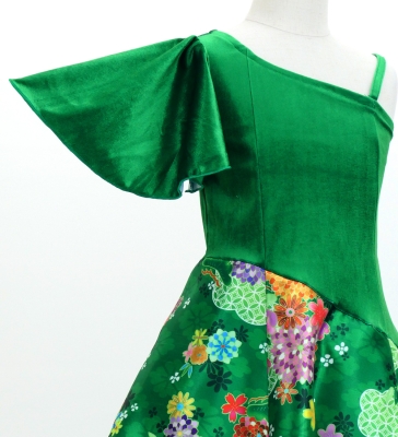 Kids Japan Fabric One Shoulder Frill Sleeve Long Dress / Green / JWp004gr