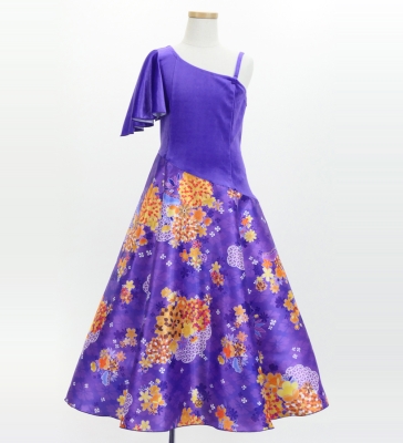 Kids Japan Fabric One Shoulder Frill Sleeve Long Dress / Purple / JWp004pu