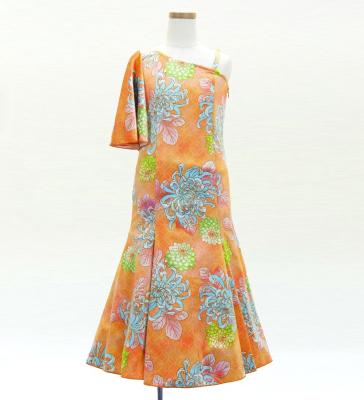 Kids Japan Fabric One Shoulder Frill Sleeve Long Dress with Chrysanthemum Print / Orange  / JWp005or