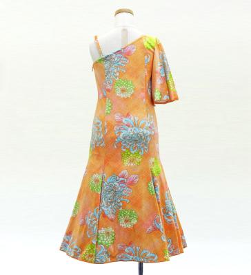 Kids Japan Fabric One Shoulder Frill Sleeve Long Dress with Chrysanthemum Print / Orange  / JWp005or