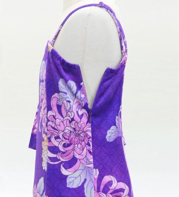 Kids Japan Fabric One Shoulder Frill Sleeve Long Dress with Chrysanthemum Print / Purple / JWp005pu