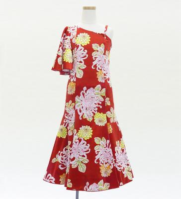 Kids Japan Fabric One Shoulder Frill Sleeve Long Dress with Chrysanthemum Print / Red / JWp005rd