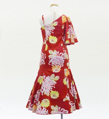 Kids Japan Fabric One Shoulder Frill Sleeve Long Dress with Chrysanthemum Print / Red / JWp005rd