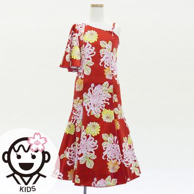 Kids Japan Fabric One Shoulder Frill Sleeve Long Dress with Chrysanthemum Print / Red / JWp005rd