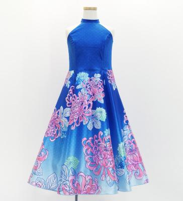 Kids Japan Fabric American Armhole Long Dress with Chrysanthemum Print / Blue / JWp006bl