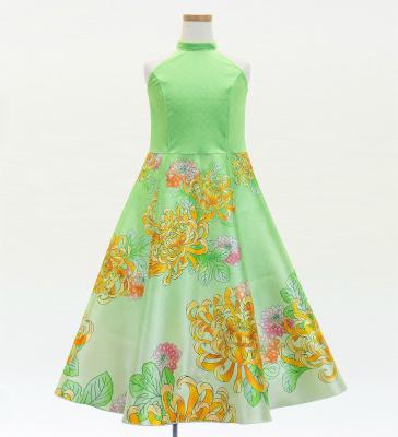 Kids Japan Fabric American Armhole Long Dress with Chrysanthemum Print / Light Green / JWp006lgr