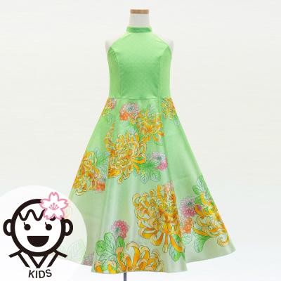 Kids Japan Fabric American Armhole Long Dress with Chrysanthemum Print / Light Green / JWp006lgr
