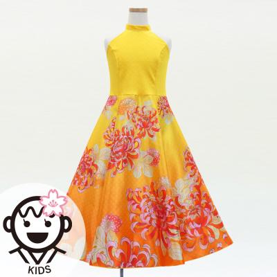Kids Japan Fabric American Armhole Long Dress with Chrysanthemum Print / Yellow / JWp006ye