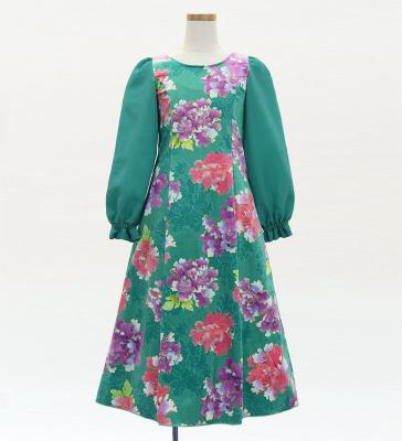 Kids Japan Fabric Long Sleeve Dress with Peony Print / Turquoise Blue / JWp007tbl