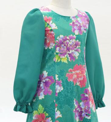 Kids Japan Fabric Long Sleeve Dress with Peony Print / Turquoise Blue / JWp007tbl