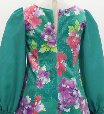 Kids Japan Fabric Long Sleeve Dress with Peony Print / Turquoise Blue / JWp007tbl