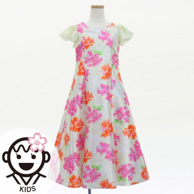 Kids Japan Fabric Long Dress with Peony Print / Beige / JWp008be
