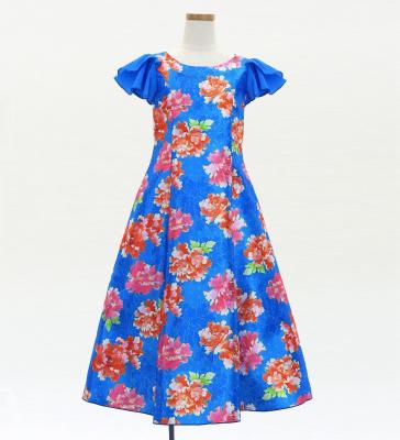 Kids Japan Fabric Long Dress with Peony Print / Blue / JWp008bl