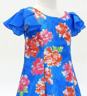 Kids Japan Fabric Long Dress with Peony Print / Blue / JWp008bl