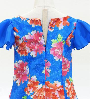 Kids Japan Fabric Long Dress with Peony Print / Blue / JWp008bl