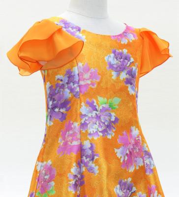 Kids Japan Fabric Long Dress with Peony Print / Orange / JWp008or