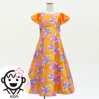 Kids Japan Fabric Long Dress with Peony Print / Orange / JWp008or