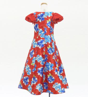 Kids Japan Fabric Long Dress with Peony Print / Red / JWp008rd