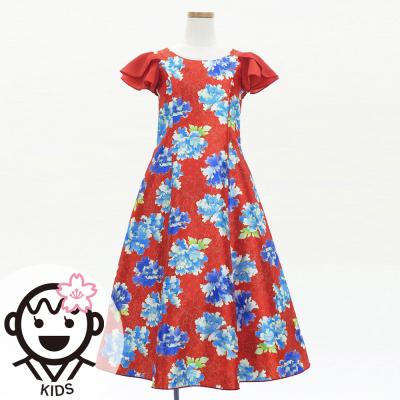 Kids Japan Fabric Long Dress with Peony Print / Red / JWp008rd