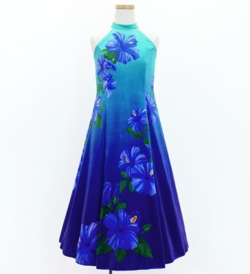 Hula Kids Long Hibiscus Dress with Velvet / Luxury Collection / Blue & Navy / Jp123blnv