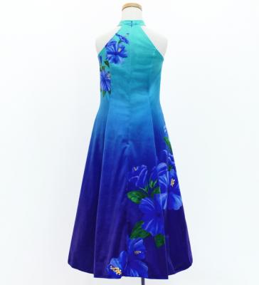 Hula Kids Long Hibiscus Dress with Velvet / Luxury Collection / Blue & Navy / Jp123blnv