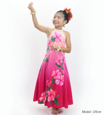 Hula Kids Long Hibiscus Dress with Velvet / Luxury Collection / Cream & Pink/ Jp123crpi
