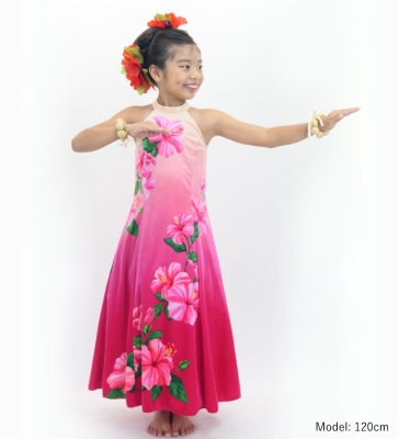 Hula Kids Long Hibiscus Dress with Velvet / Luxury Collection / Cream & Pink/ Jp123crpi