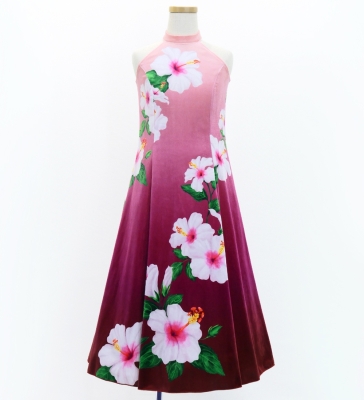 Hula Kids Long Hibiscus Dress with Velvet / Luxury Collection / Light Pink & Wine / Jp123lpiwi