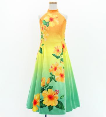 Hula Kids Long Hibiscus Dress with Velvet / Luxury Collection / Orange & Aqua / Jp123oraq