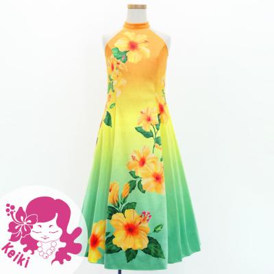 Hula Kids Long Hibiscus Dress with Velvet / Luxury Collection / Orange & Aqua / Jp123oraq